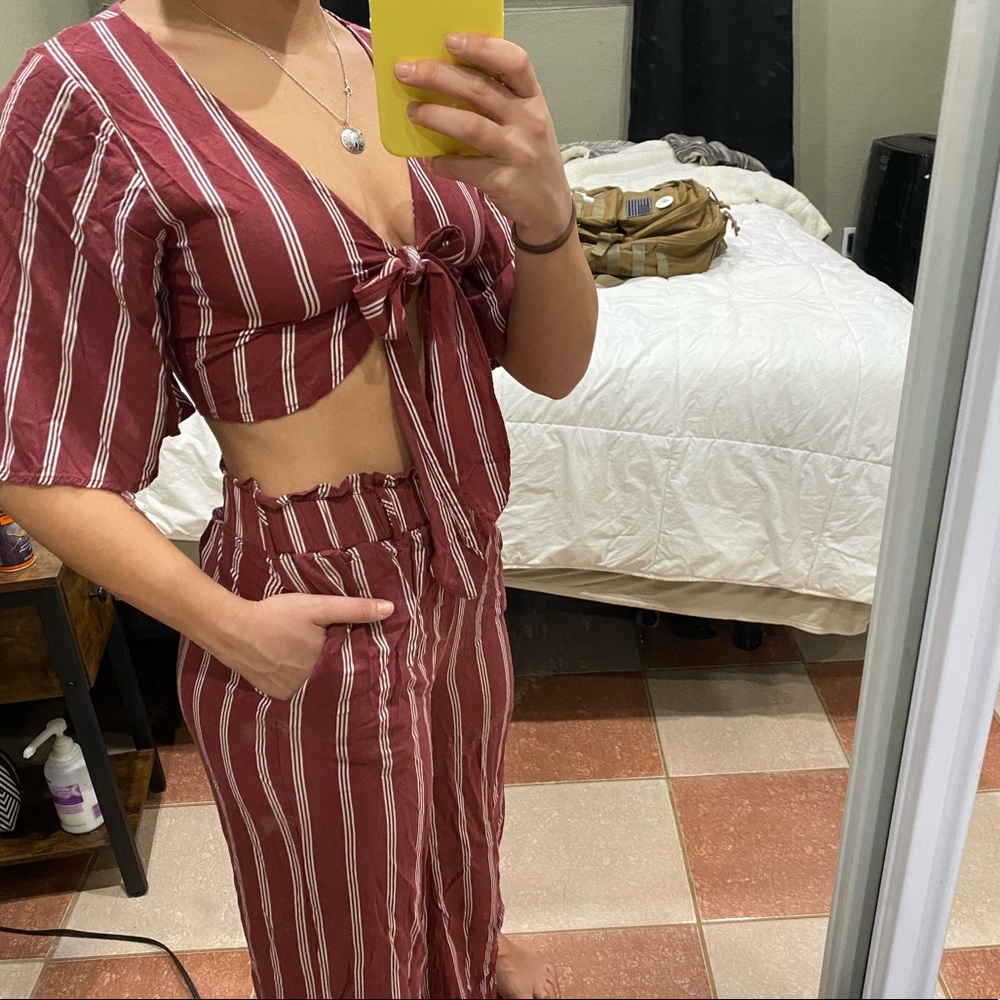 2Piece Pant Set - Maroon White Stripped